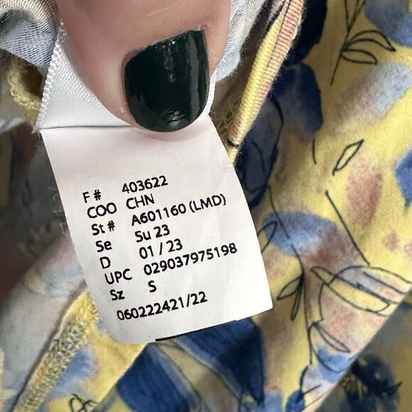 LOGO Lori Goldstein Top Tunic S Yellow Blue Floral Asymmetric Hem Pocket Casual - Picture 11 of 11